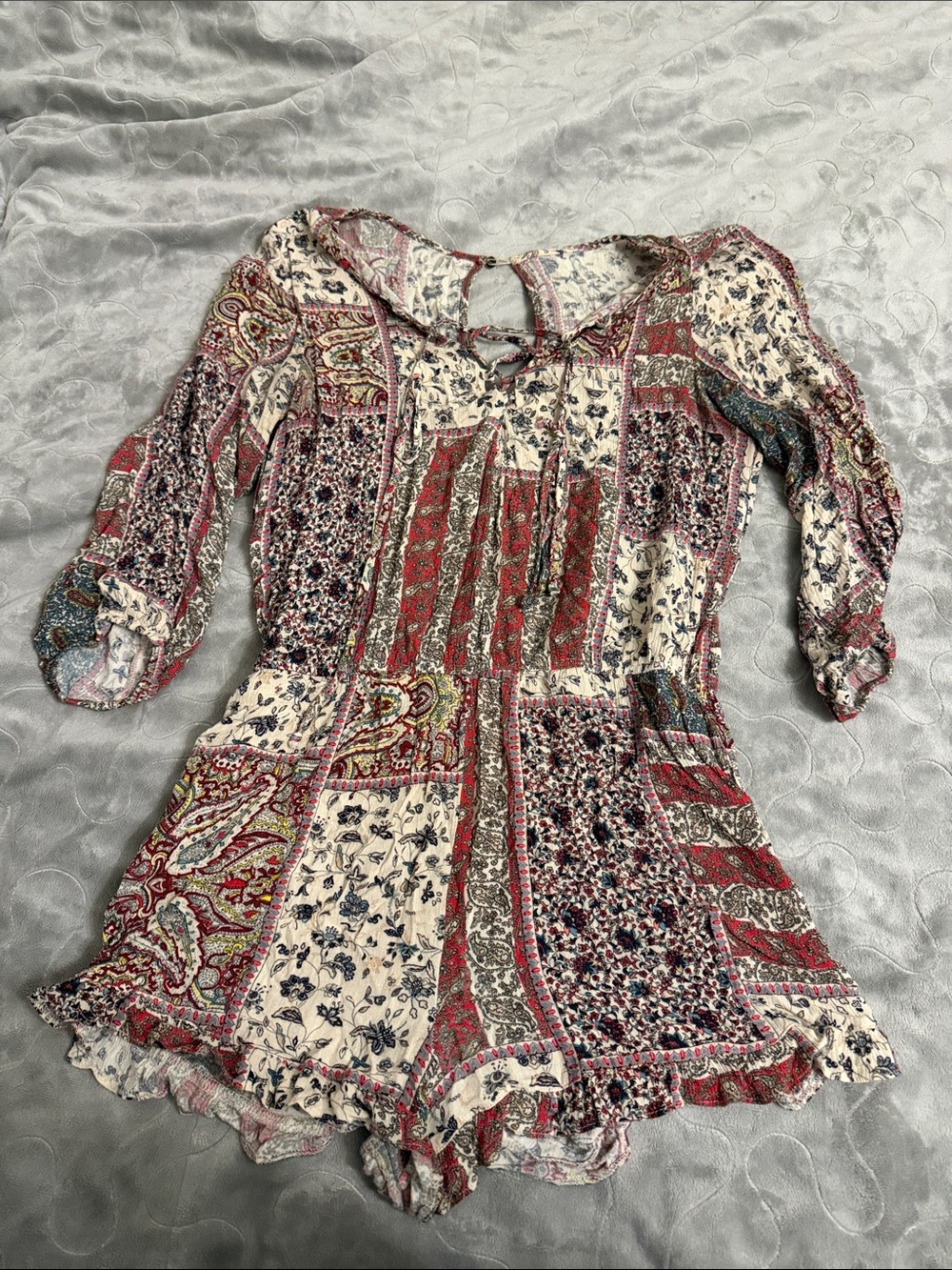 American Eagle Outfitters Cream & Red Patchwork Romper